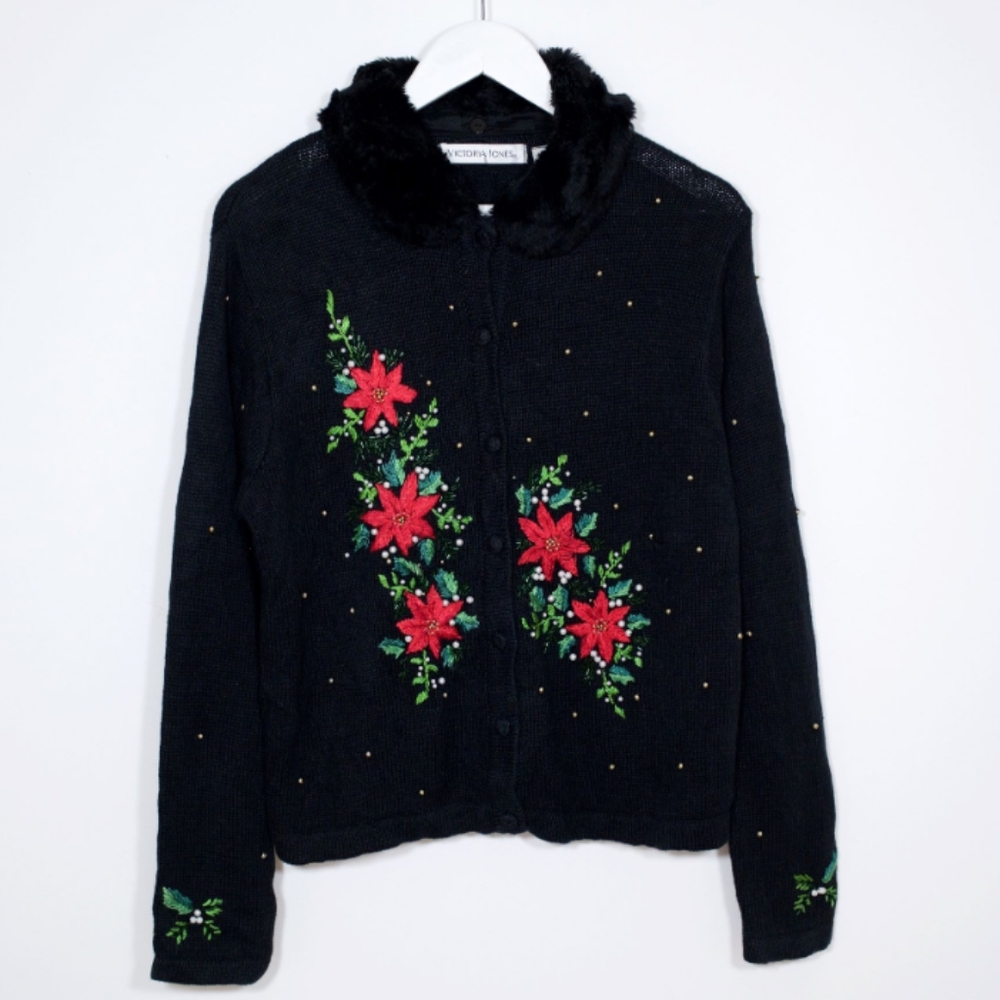 Vintage Victoria Jones Ladies Christmas Cardigan Sweater Floral Faux Fur Large